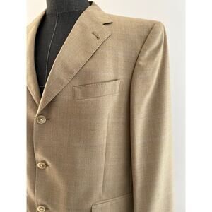 Hart Schaffner Marx 3 Button Suit Jacket Blazer Tan w Blue Windowpane 42S SG